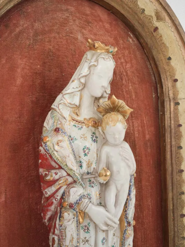 19th Century Ceramic Virgin w/ Child in Gilded Arched Frame 19¾" x 11"