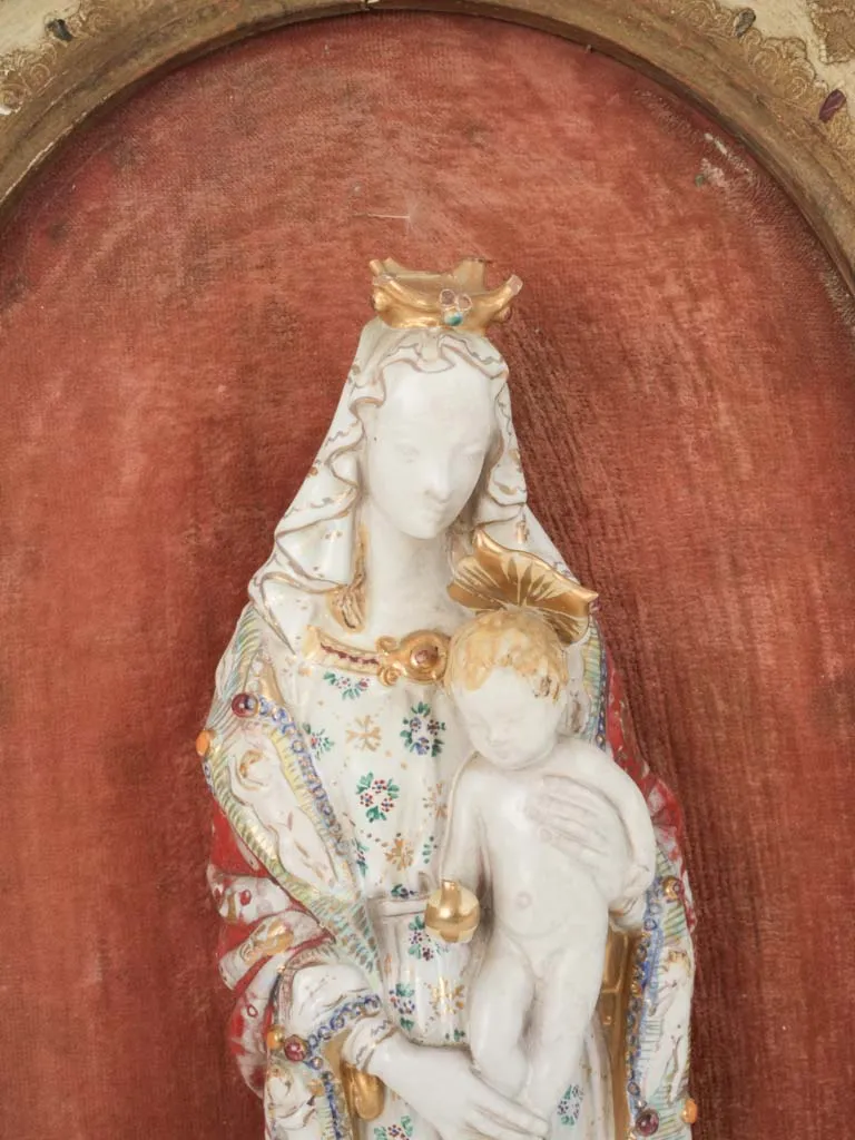 19th Century Ceramic Virgin w/ Child in Gilded Arched Frame 19¾" x 11"