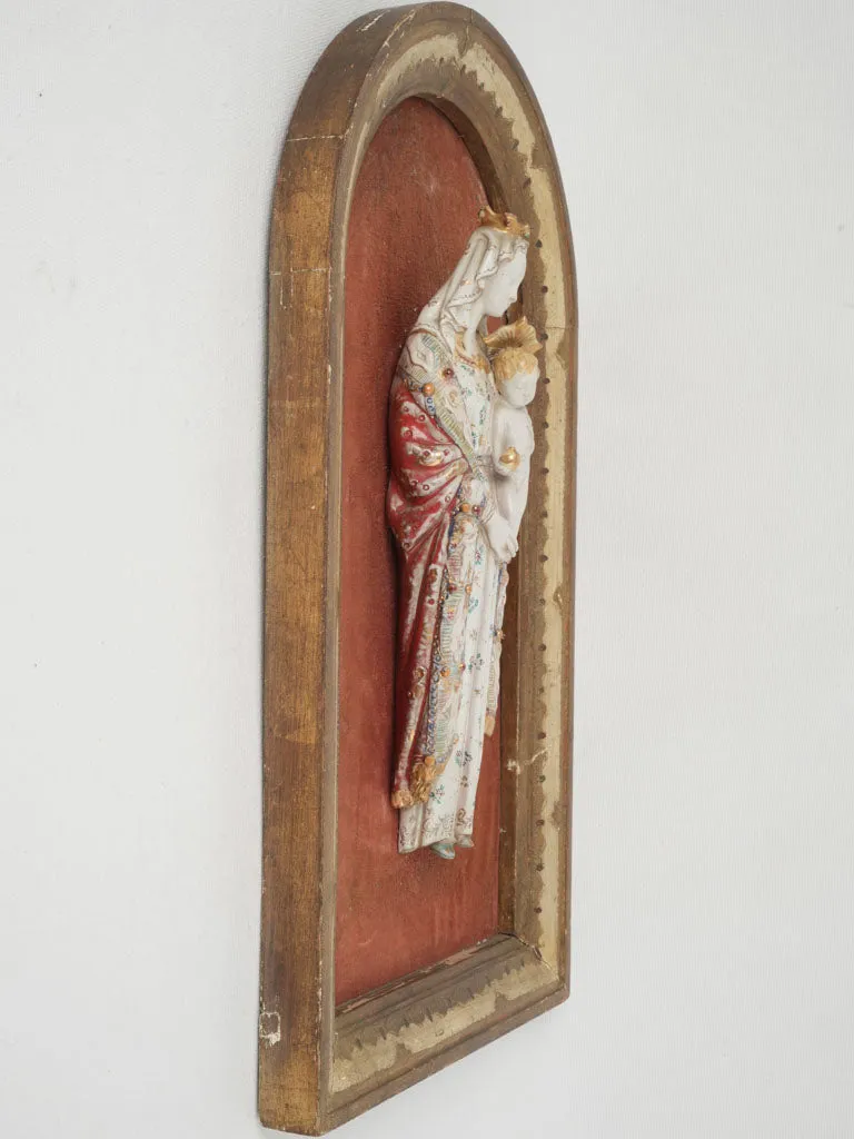 19th Century Ceramic Virgin w/ Child in Gilded Arched Frame 19¾" x 11"