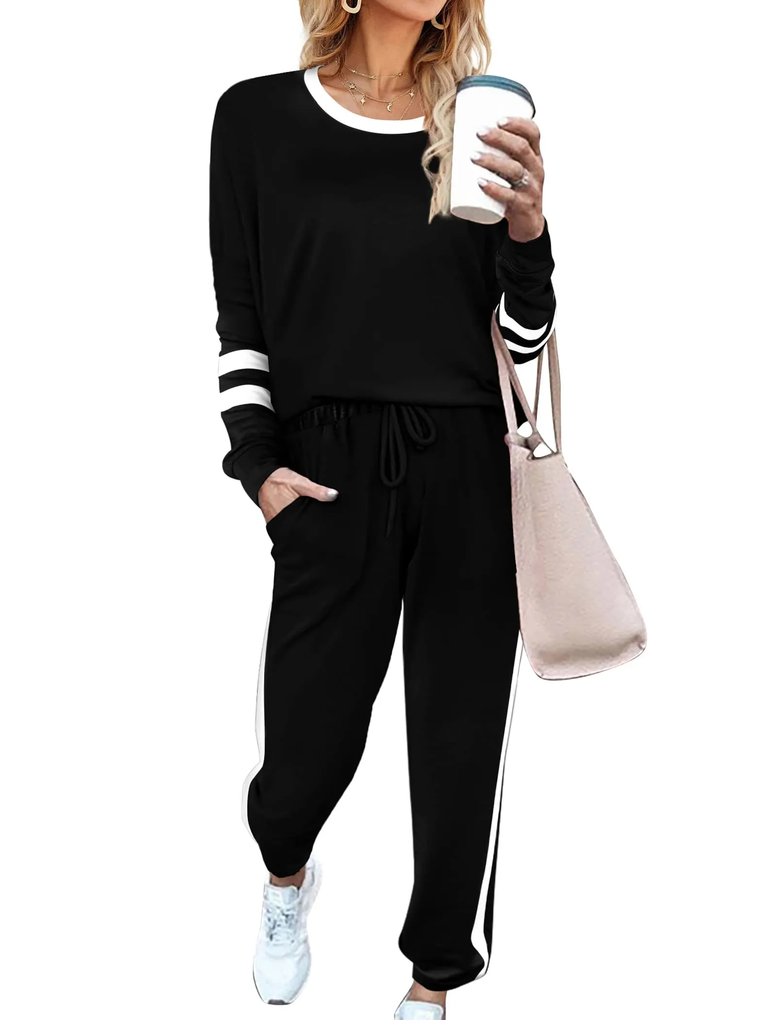 Aloodor Travel Outfits for Women Two Piece Outfits Sweatsuits Sets Loose Fitting Drawstring Sweatpants Vacation Black M