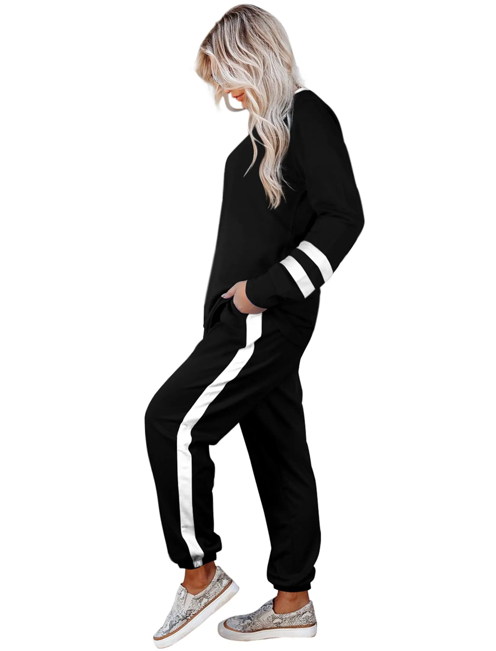 Aloodor Travel Outfits for Women Two Piece Outfits Sweatsuits Sets Loose Fitting Drawstring Sweatpants Vacation Black M