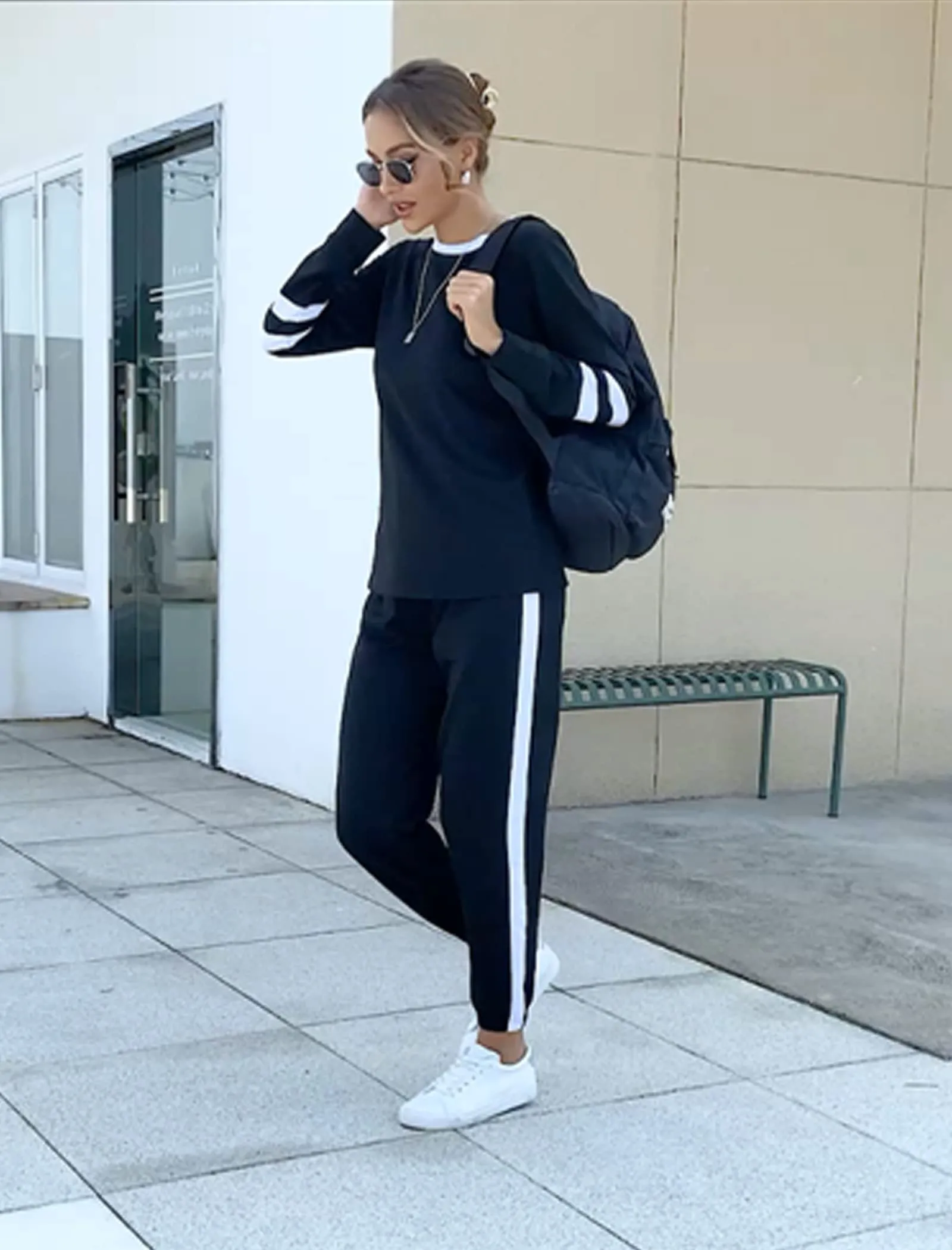 Aloodor Travel Outfits for Women Two Piece Outfits Sweatsuits Sets Loose Fitting Drawstring Sweatpants Vacation Black M