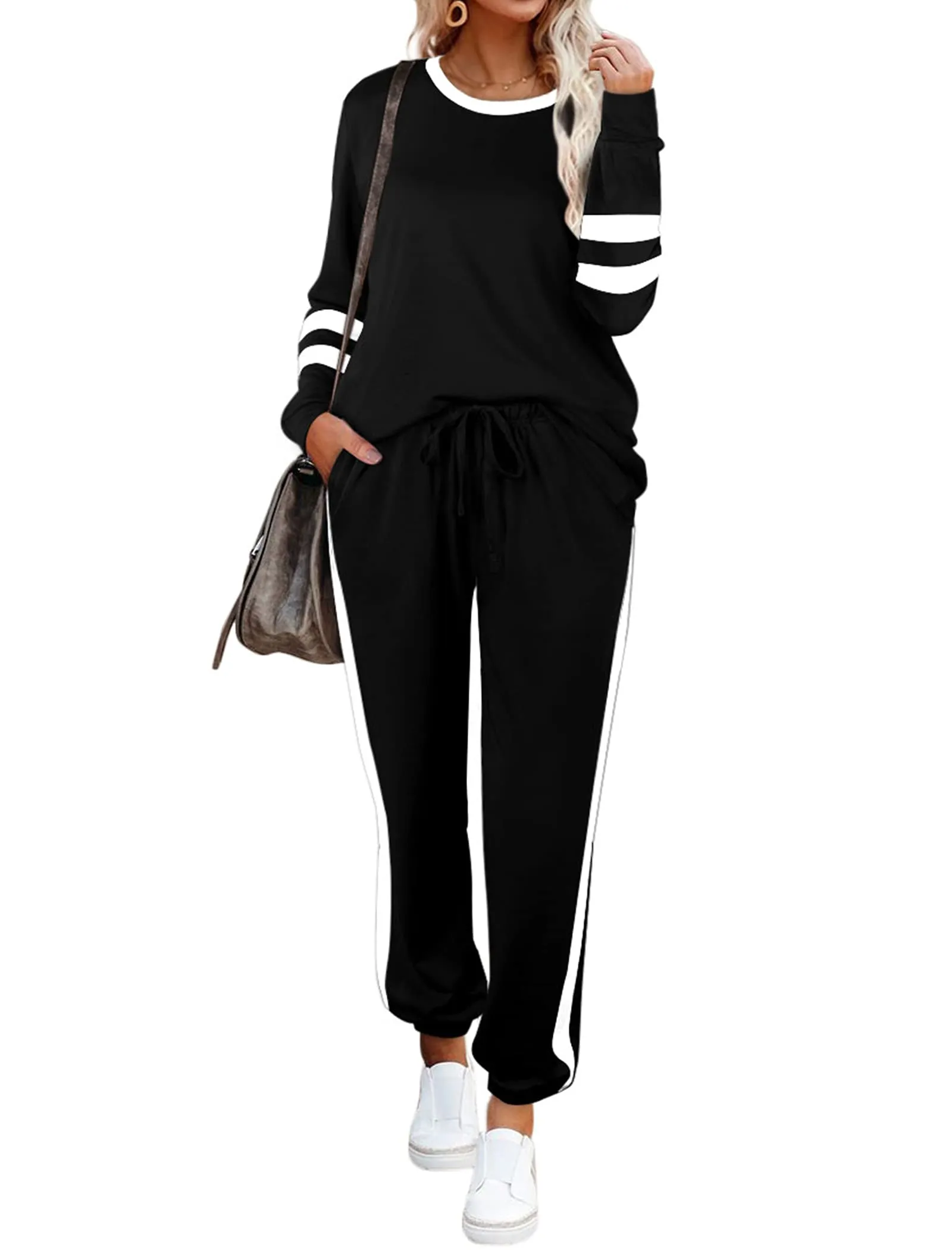 Aloodor Travel Outfits for Women Two Piece Outfits Sweatsuits Sets Loose Fitting Drawstring Sweatpants Vacation Black M