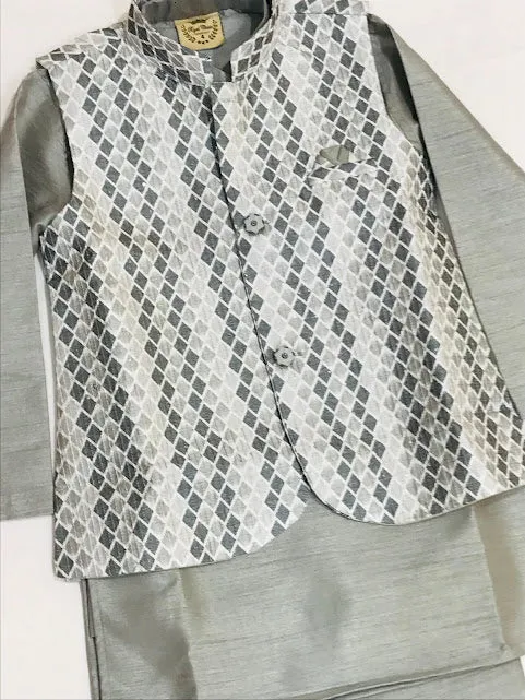 Appealing Grey Colored Silk Cotton Kurta Jacket With Pajama Pant Sets For Boys