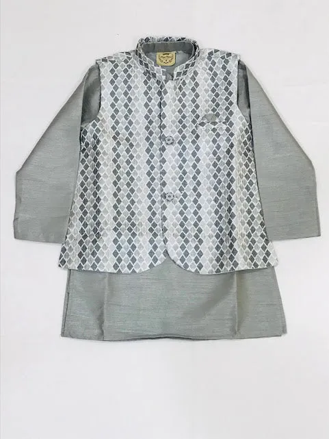 Appealing Grey Colored Silk Cotton Kurta Jacket With Pajama Pant Sets For Boys
