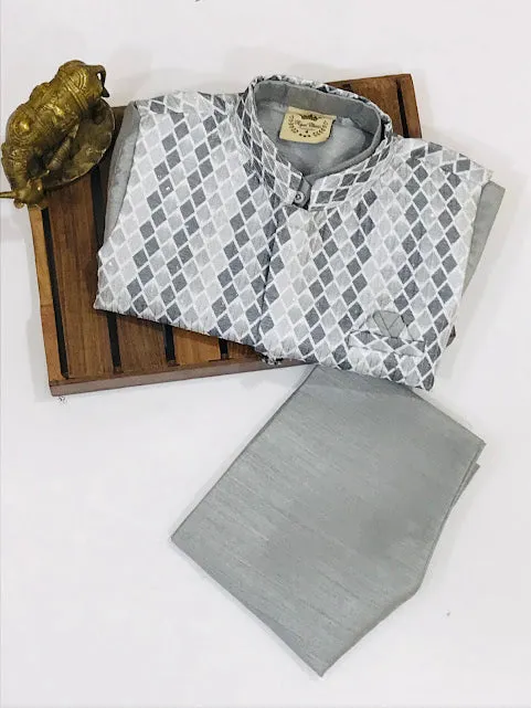 Appealing Grey Colored Silk Cotton Kurta Jacket With Pajama Pant Sets For Boys