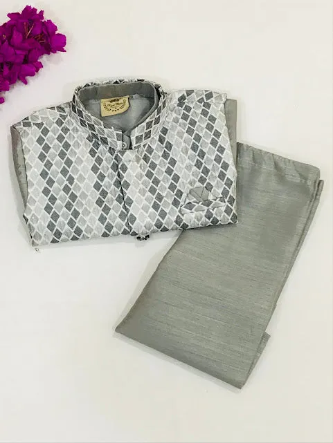 Appealing Grey Colored Silk Cotton Kurta Jacket With Pajama Pant Sets For Boys