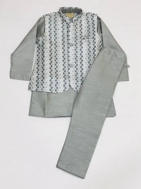 Appealing Grey Colored Silk Cotton Kurta Jacket With Pajama Pant Sets For Boys
