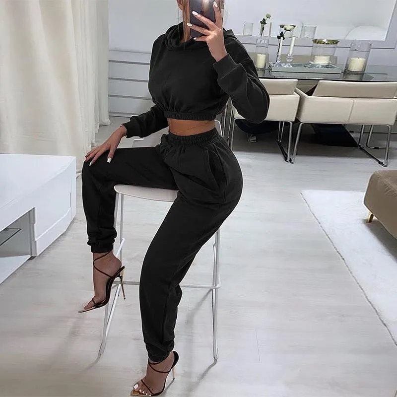 Autumn Winter Chic Casual Solid Tracksuit Long Sleeve Outfit Hoodies Trouser Sport Sweatsuits 2 Piece Pant Set