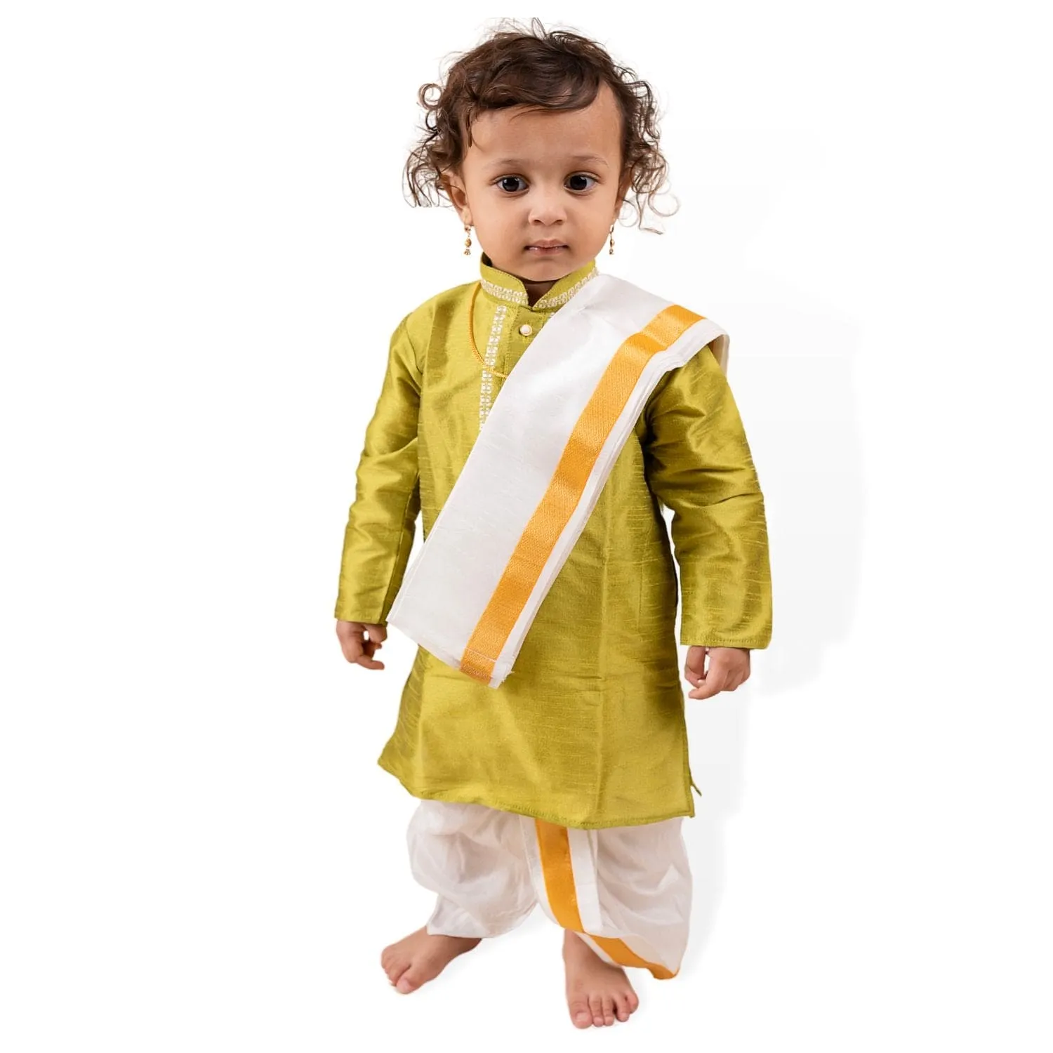 Baby Moo x Kurta Co. Traditional Dhoti Khandwa Kurta Set | Soft Banaras Silk With Gold Border | Premium Plastic Gift Box 6pcs - Green