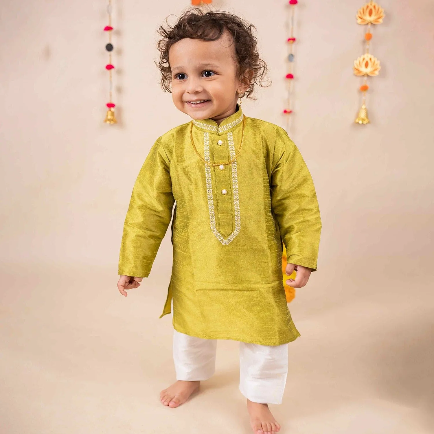 Baby Moo x Kurta Co. Traditional Dhoti Khandwa Kurta Set | Soft Banaras Silk With Gold Border | Premium Plastic Gift Box 6pcs - Green