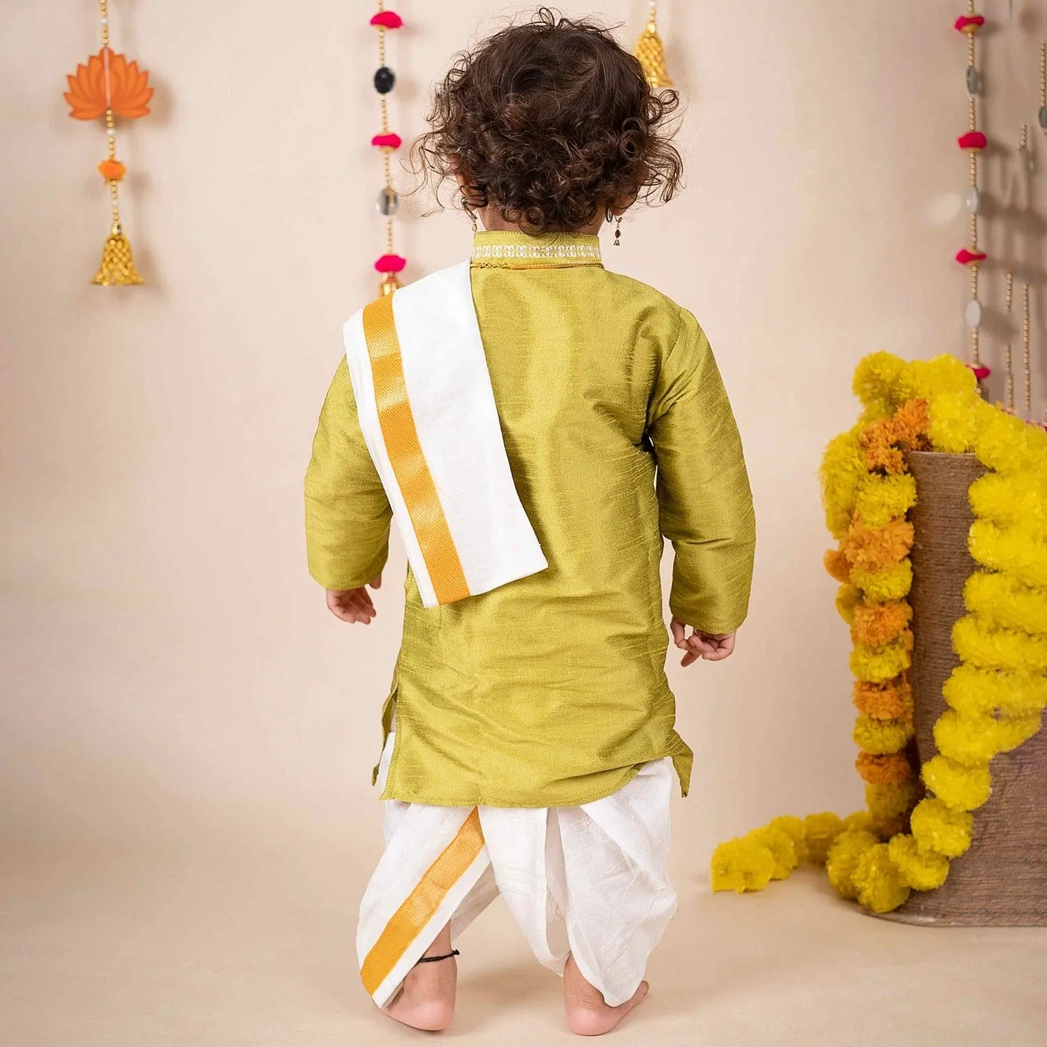 Baby Moo x Kurta Co. Traditional Dhoti Khandwa Kurta Set | Soft Banaras Silk With Gold Border | Premium Plastic Gift Box 6pcs - Green