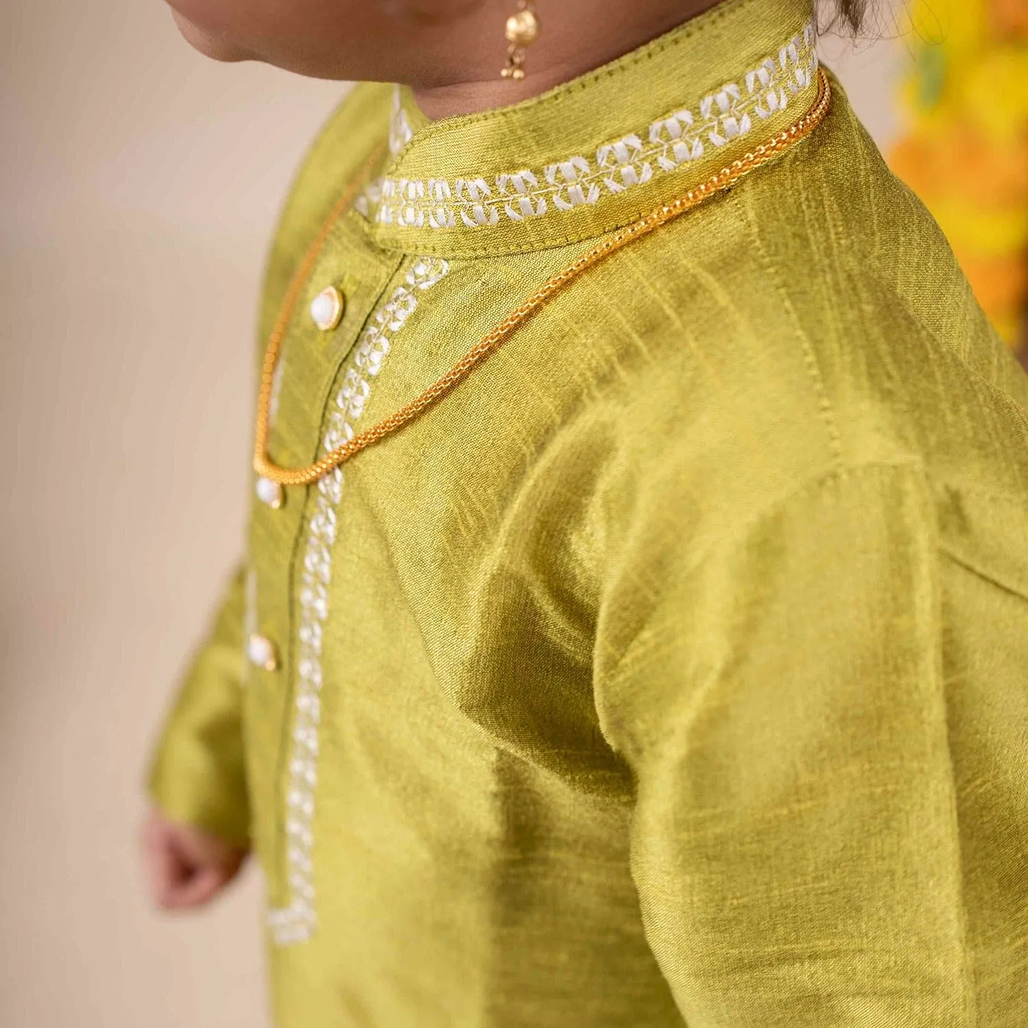 Baby Moo x Kurta Co. Traditional Dhoti Khandwa Kurta Set | Soft Banaras Silk With Gold Border | Premium Plastic Gift Box 6pcs - Green