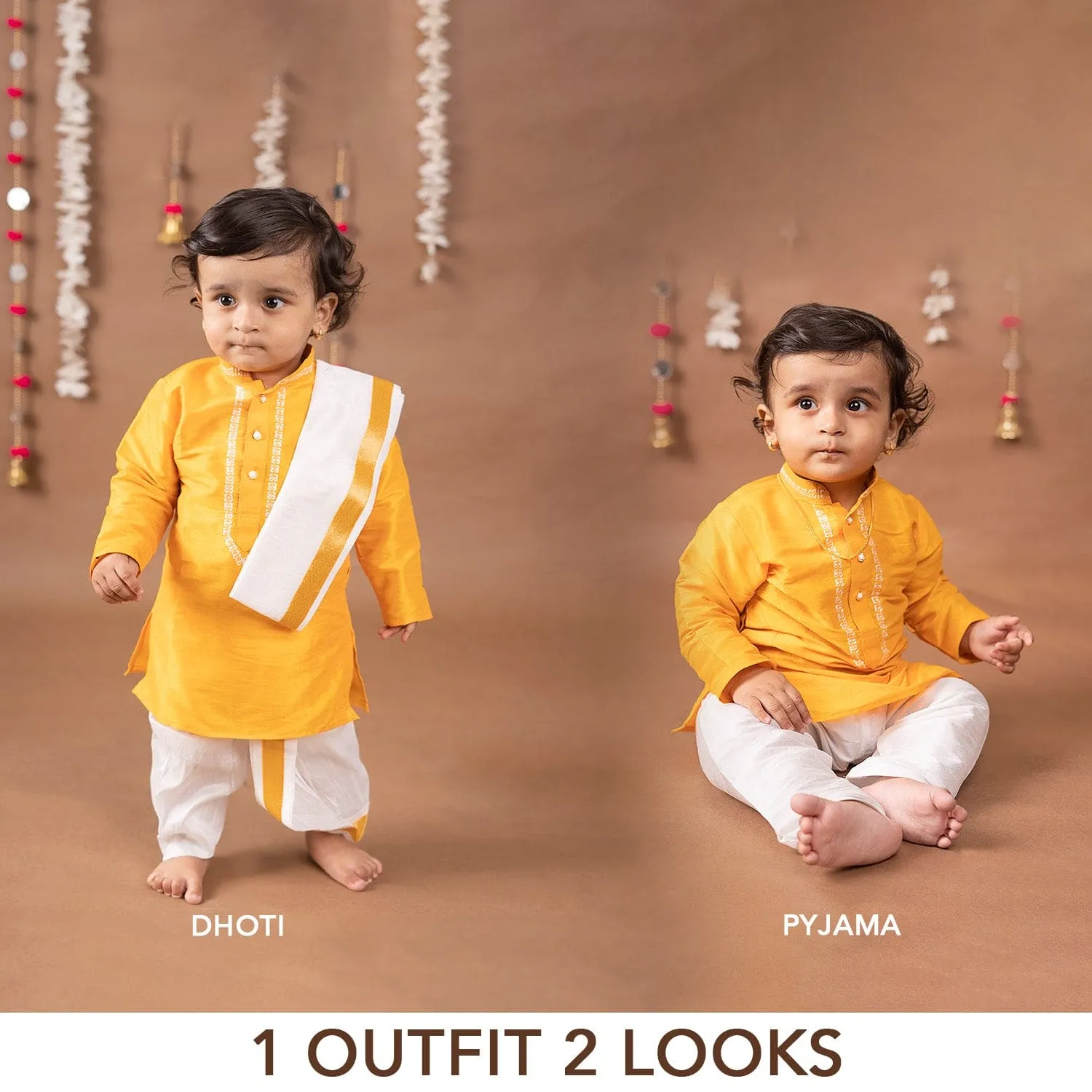 Baby Moo x Kurta Co. Traditional Dhoti Khandwa Kurta Set | Soft Banaras Silk With Gold Border | Premium Plastic Gift Box 6pcs - Yellow