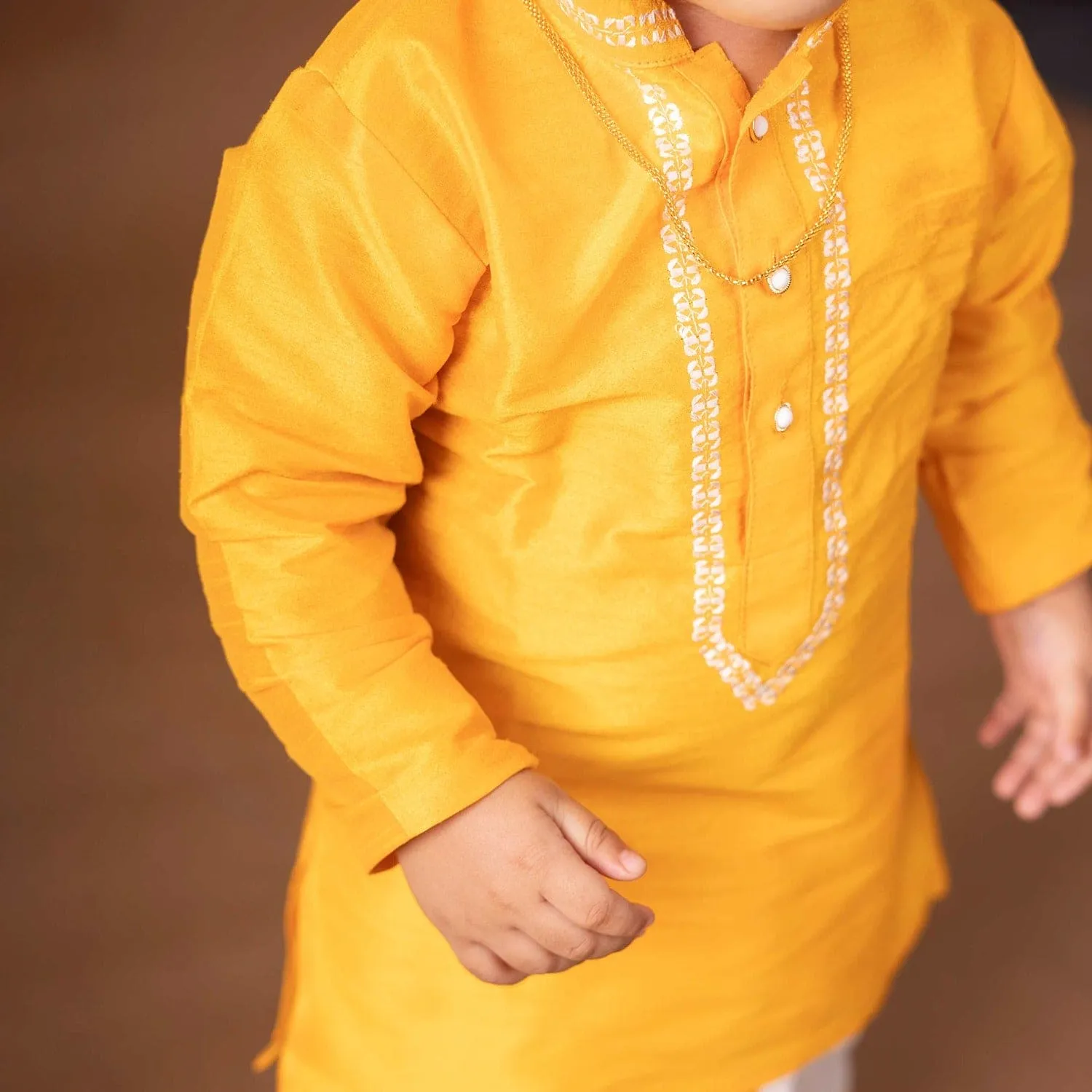 Baby Moo x Kurta Co. Traditional Dhoti Khandwa Kurta Set | Soft Banaras Silk With Gold Border | Premium Plastic Gift Box 6pcs - Yellow