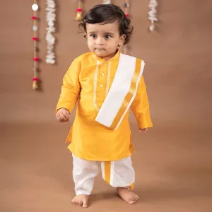 Baby Moo x Kurta Co. Traditional Dhoti Khandwa Kurta Set | Soft Banaras Silk With Gold Border | Premium Plastic Gift Box 6pcs - Yellow