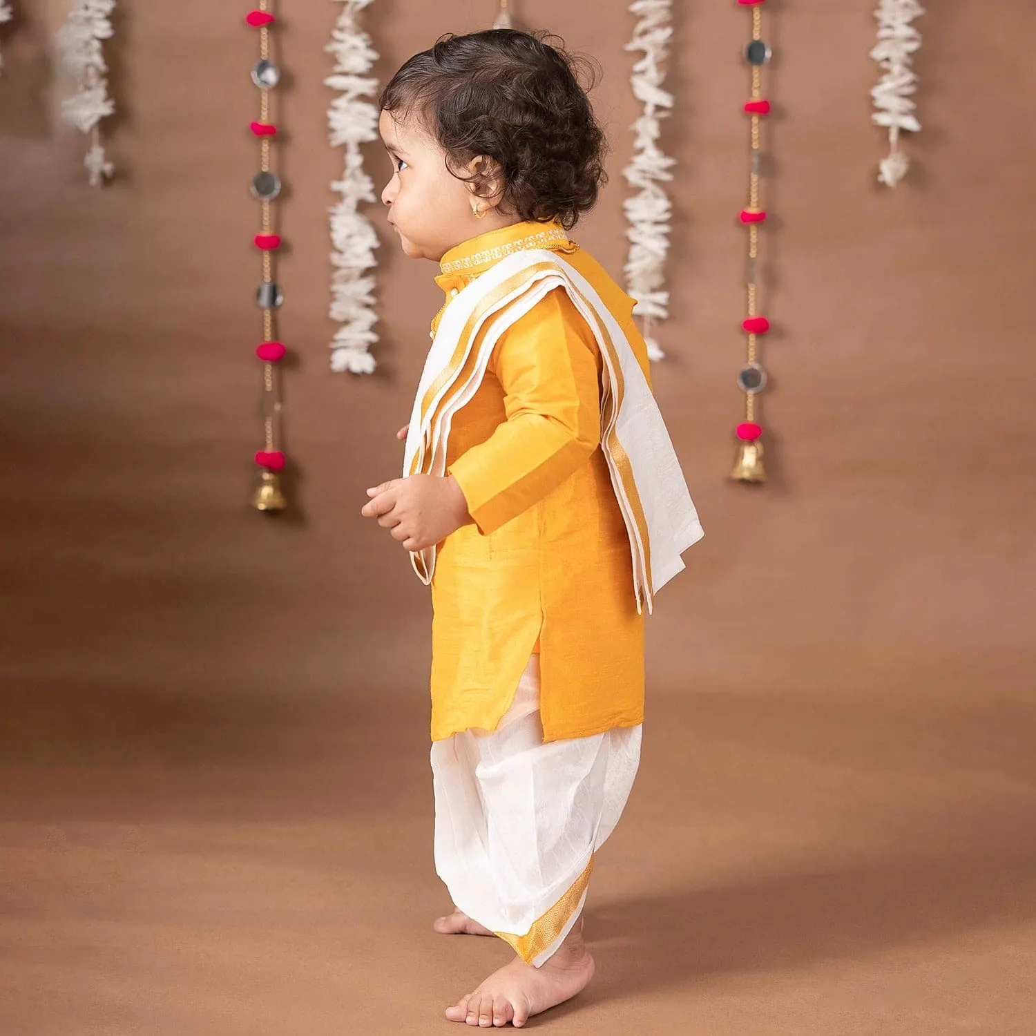 Baby Moo x Kurta Co. Traditional Dhoti Khandwa Kurta Set | Soft Banaras Silk With Gold Border | Premium Plastic Gift Box 6pcs - Yellow