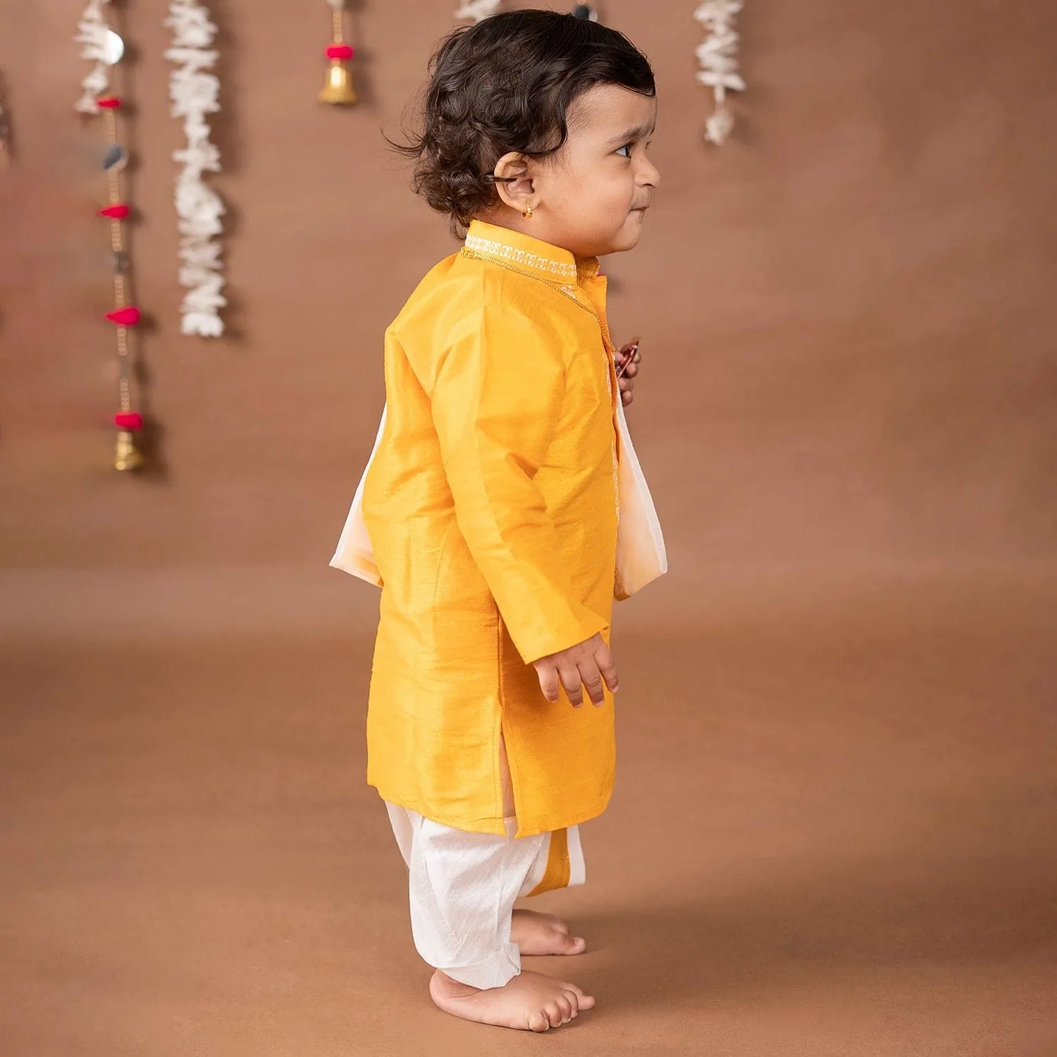 Baby Moo x Kurta Co. Traditional Dhoti Khandwa Kurta Set | Soft Banaras Silk With Gold Border | Premium Plastic Gift Box 6pcs - Yellow