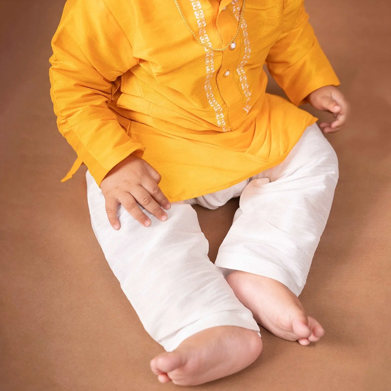 Baby Moo x Kurta Co. Traditional Dhoti Khandwa Kurta Set | Soft Banaras Silk With Gold Border | Premium Plastic Gift Box 6pcs - Yellow