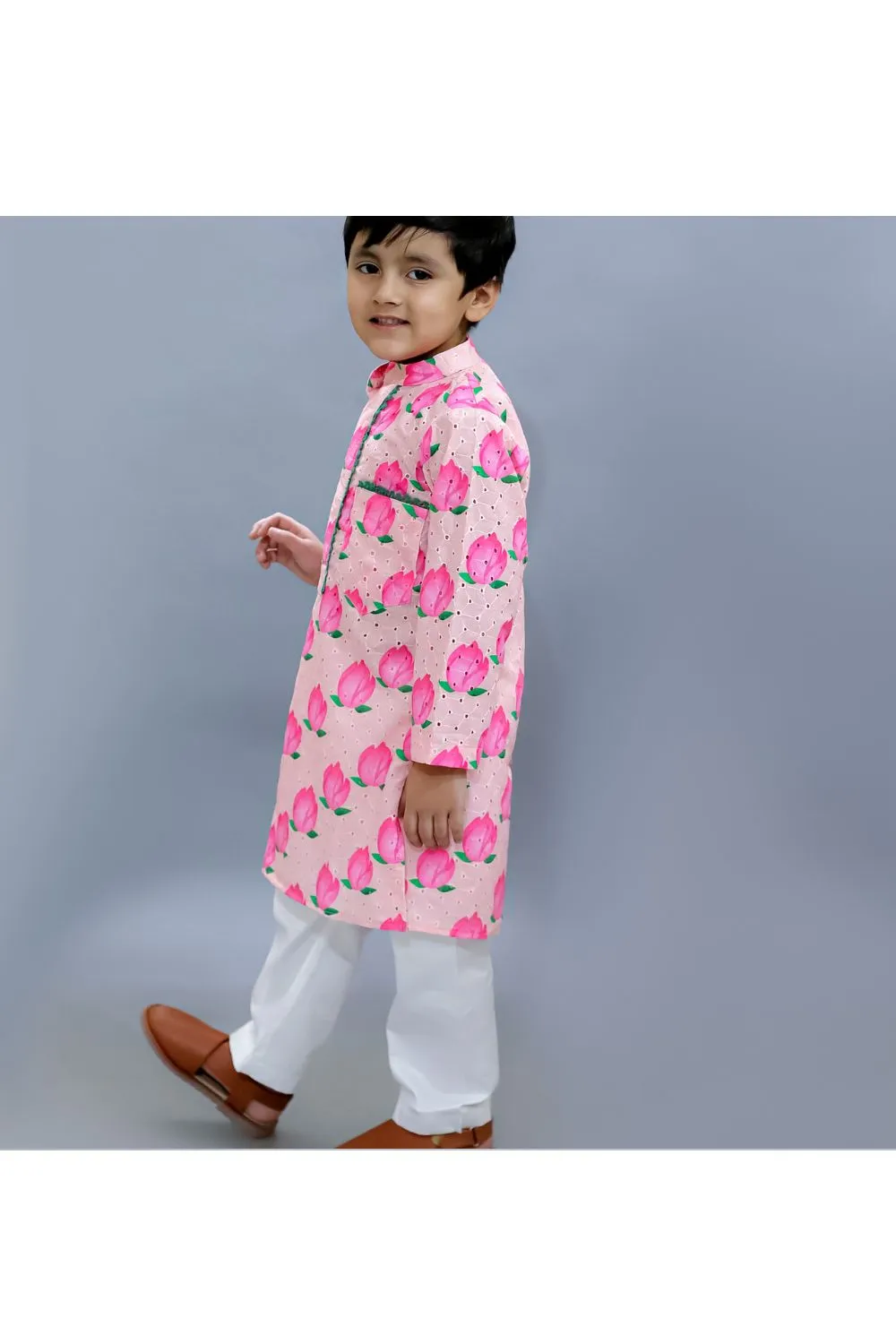Baby Pink Hakuba Cotton Lotus Printed Kurta With White Pajama Set