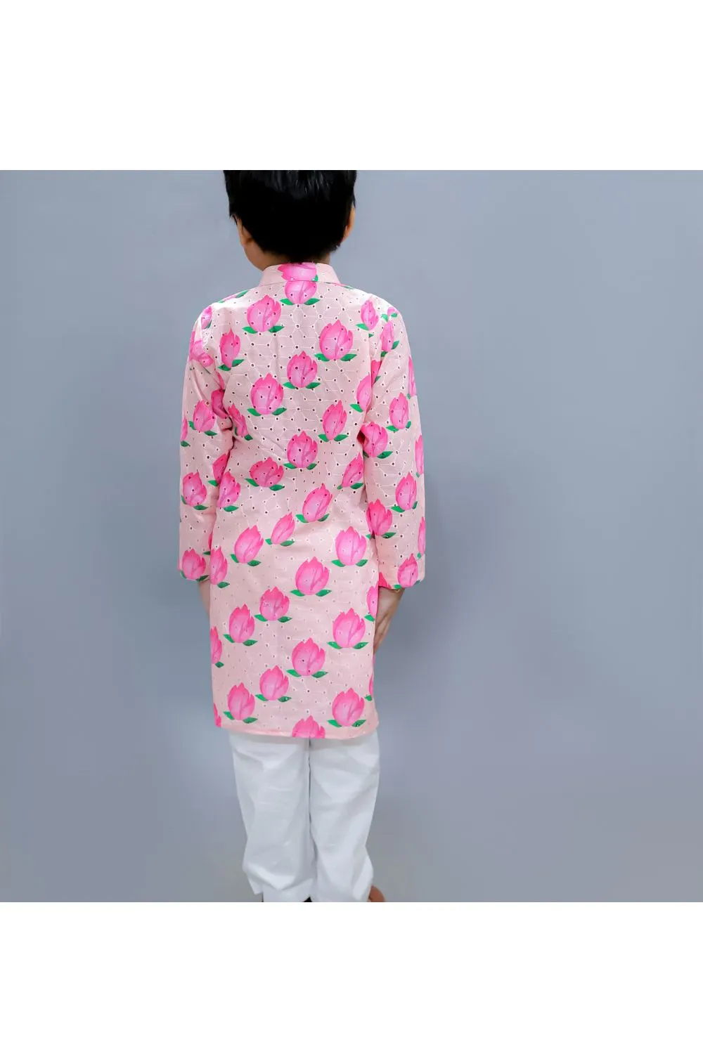 Baby Pink Hakuba Cotton Lotus Printed Kurta With White Pajama Set