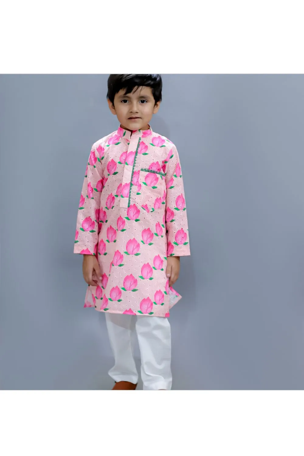 Baby Pink Hakuba Cotton Lotus Printed Kurta With White Pajama Set