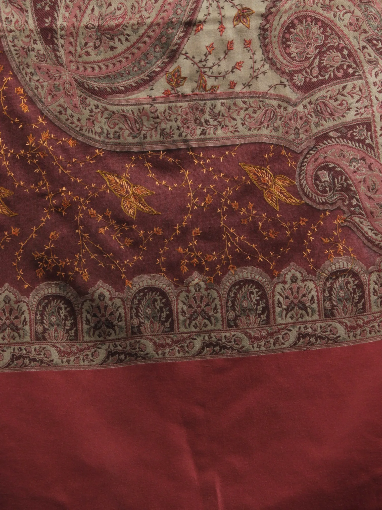 Beige Rose Pink Maroon Needle Point Embroidered Woolen Cashmere Jacquard Stole - S6317179
