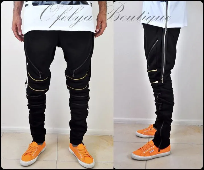 Biker Drop Crotch Side Pocket False Zip Open Knee Side Cotton Jogger Harem Pants