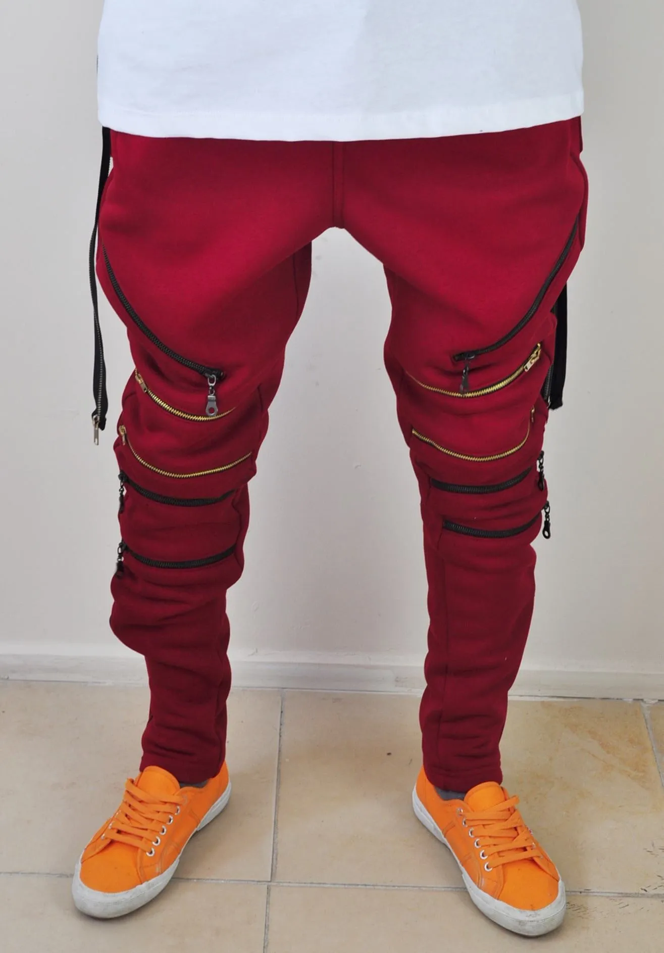 Biker Drop Crotch Side Pocket False Zip Open Knee Side Cotton Jogger Harem Pants