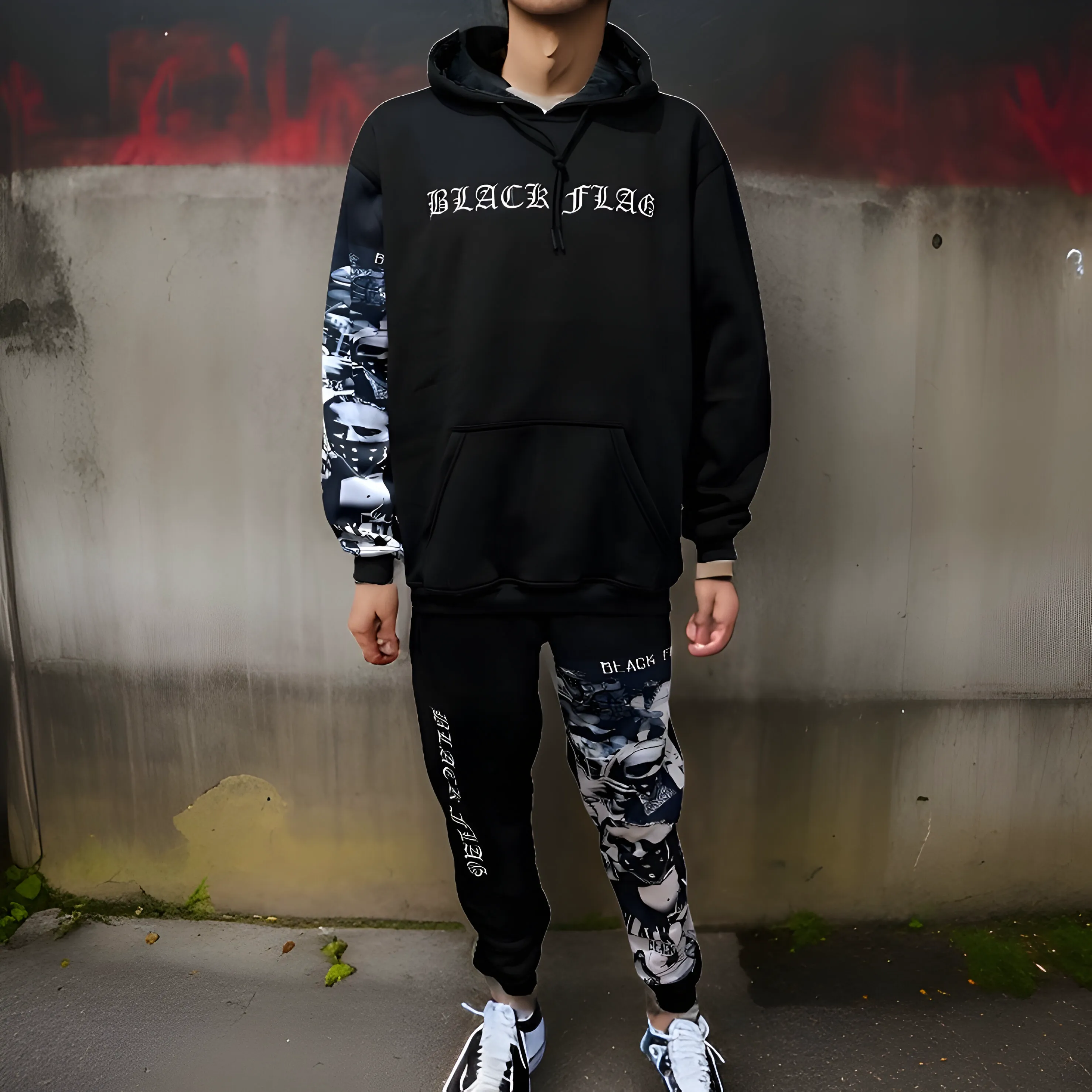 ^BLACK FLAG^ (BLACK) ~CREW POSSE~ EMBROIDERED HOODED JOGGER SWEATSUITS(CUT & SEW)