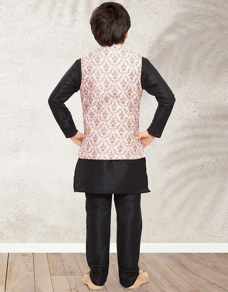 Black Kurta Pajama Print On Banarasi Silk