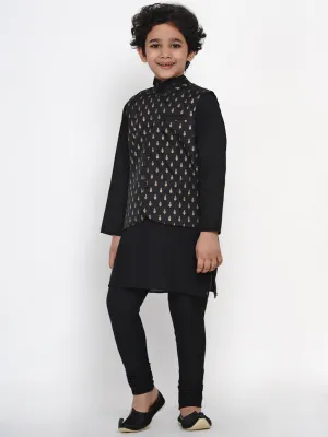 Boy'S Black Kurta Pajama With Black Waistcoat Set