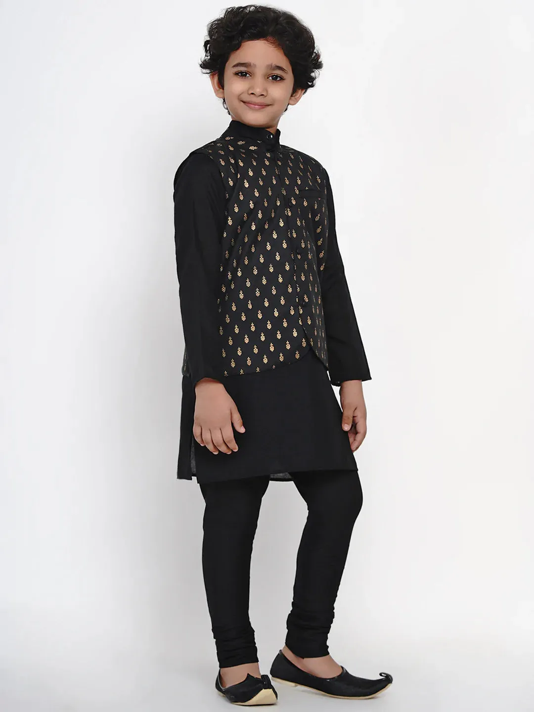 Boy'S Black Kurta Pajama With Black Waistcoat Set