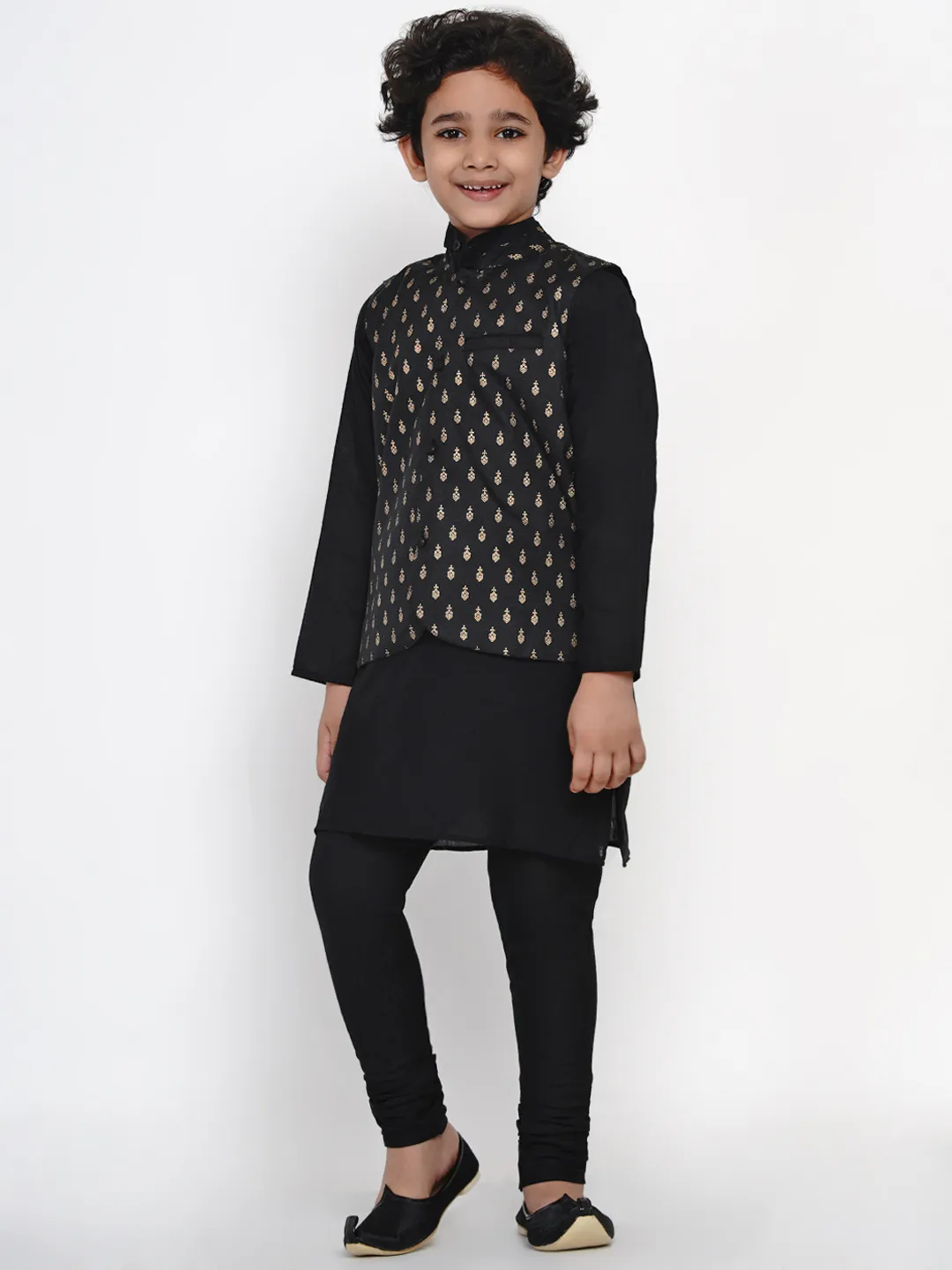 Boy'S Black Kurta Pajama With Black Waistcoat Set