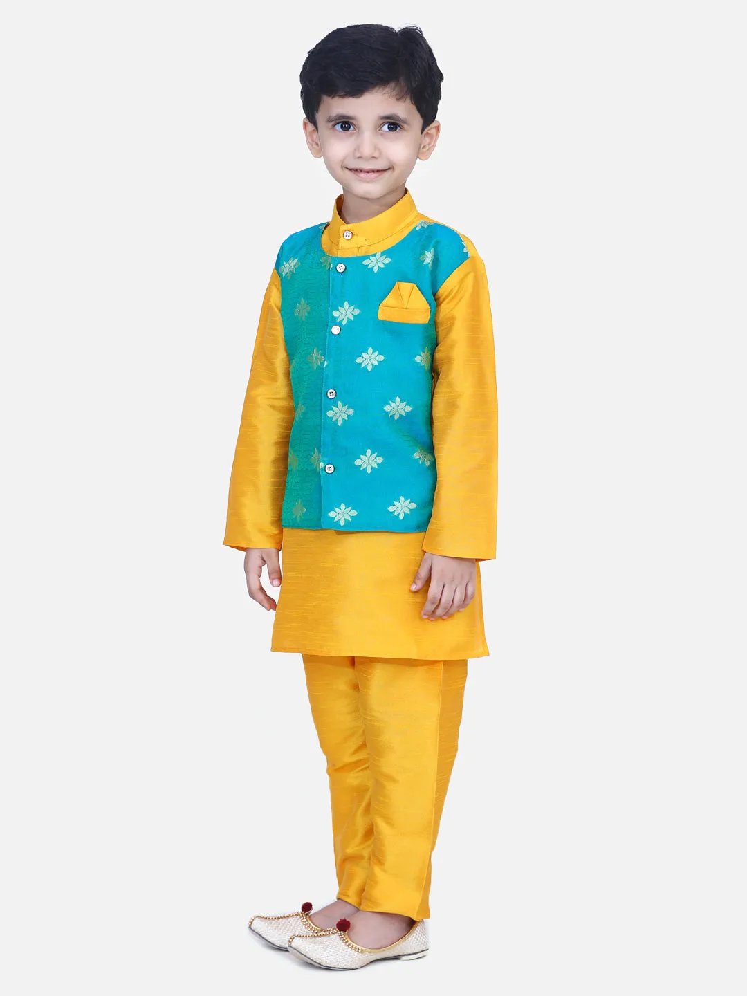 Boy's Orange Silk Kurta Sets - Bownbee
