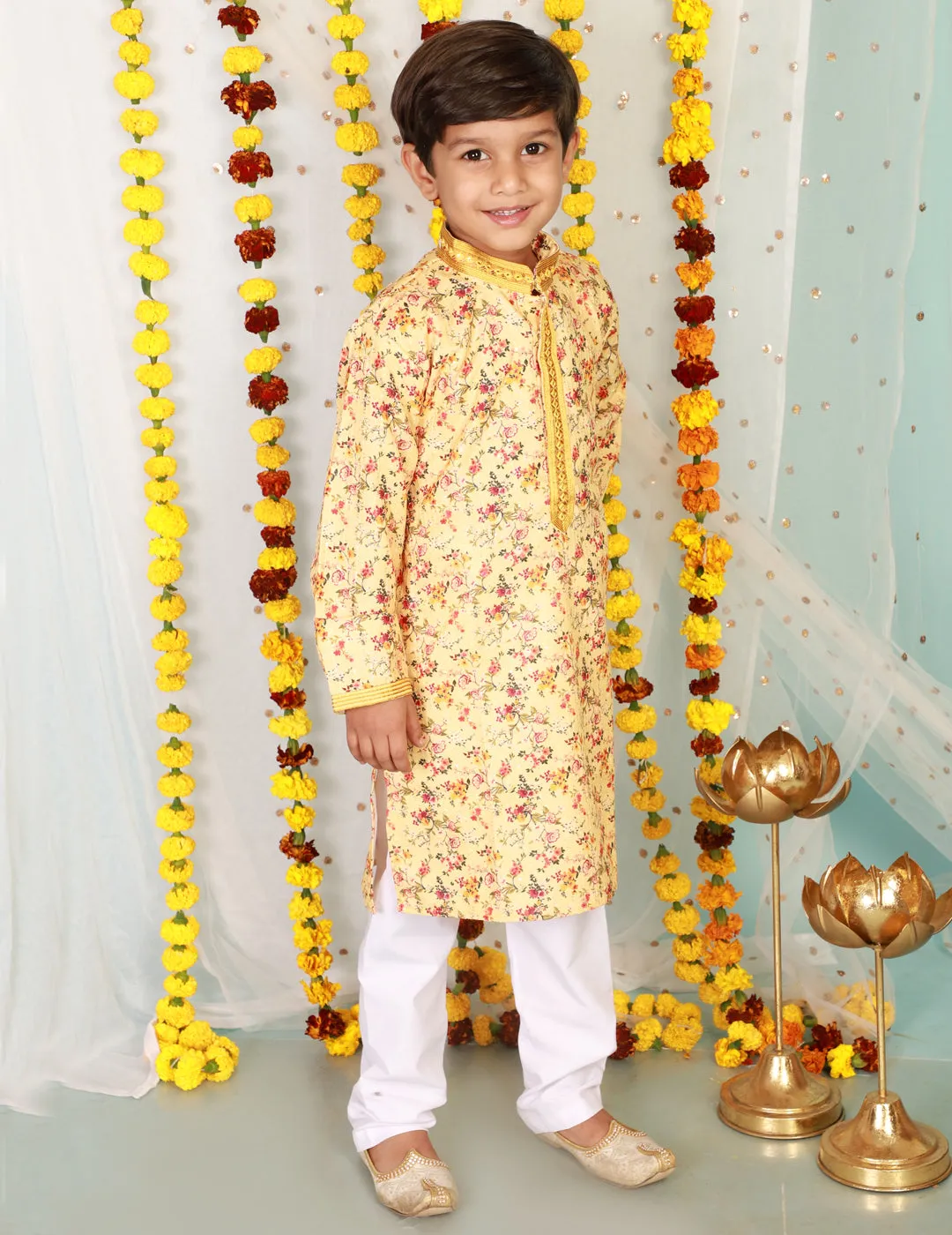 Boy's  Yellow Color Floral Print Embroidered Neck Kurta Pajama - KID1 Boys
