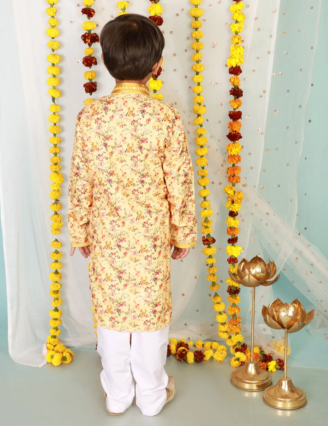 Boy's  Yellow Color Floral Print Embroidered Neck Kurta Pajama - KID1 Boys