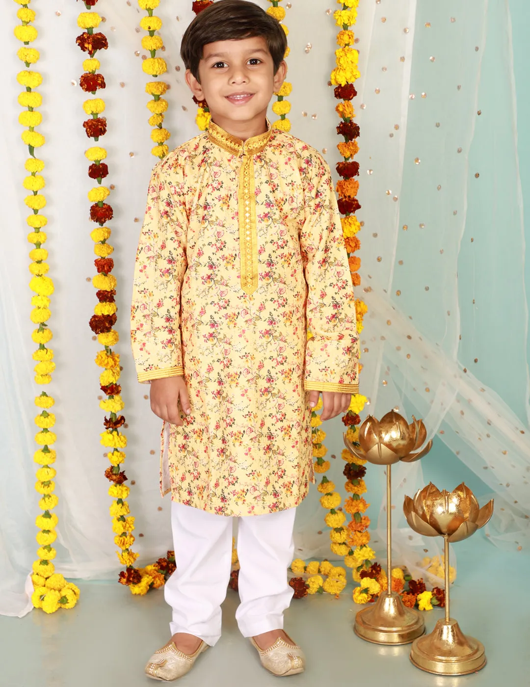 Boy's  Yellow Color Floral Print Embroidered Neck Kurta Pajama - KID1 Boys