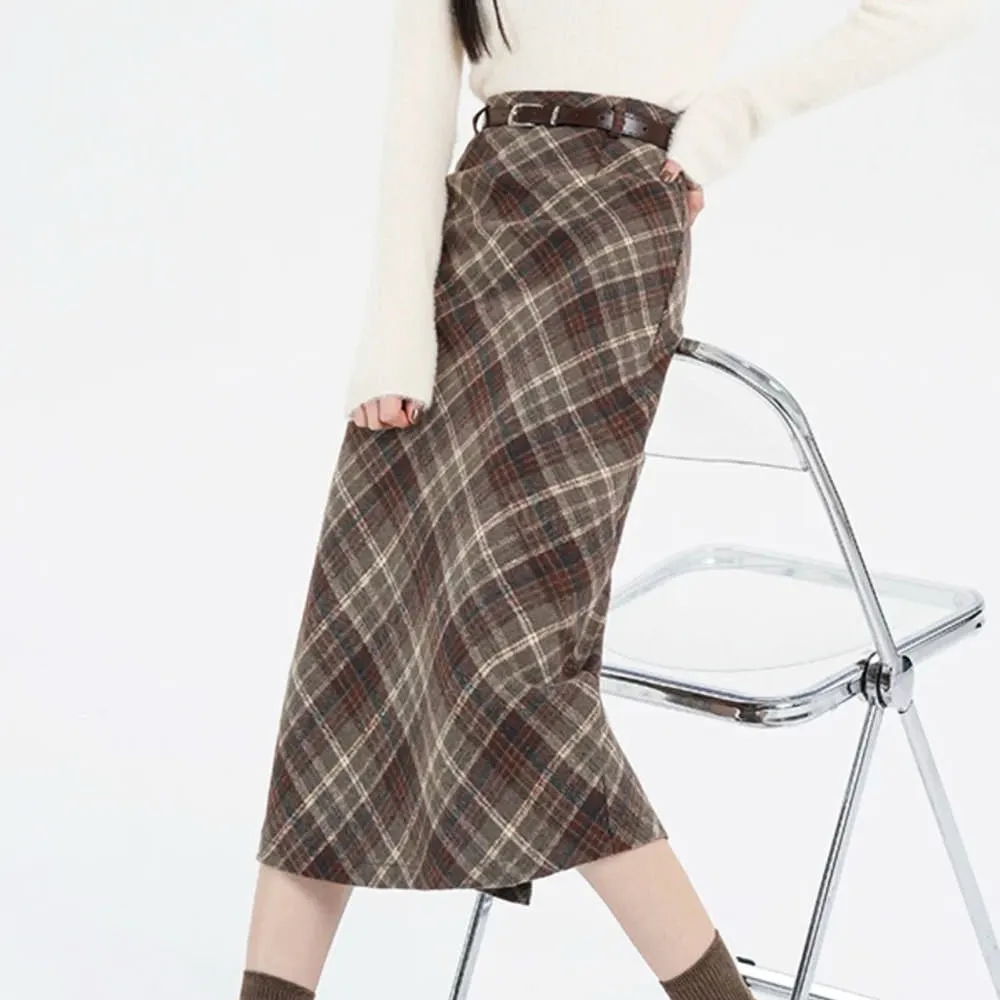 Coffee Cream Plaid Midi Skirt