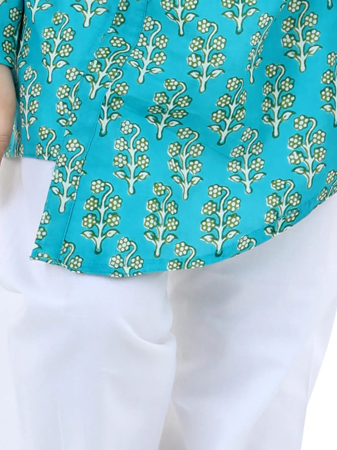 Cotton printed Asymmetric Front Open Kurta Pajama- Green