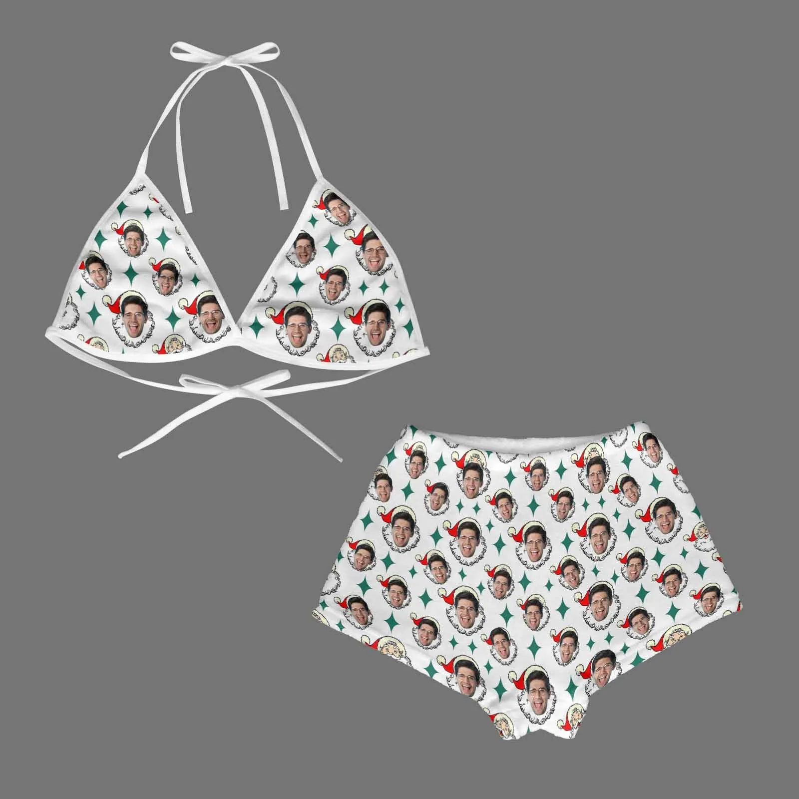 Custom Face Christmas Hat Flannel Pajama Set Women's Short Sleepwear Halter Triangle Bra & Shorts