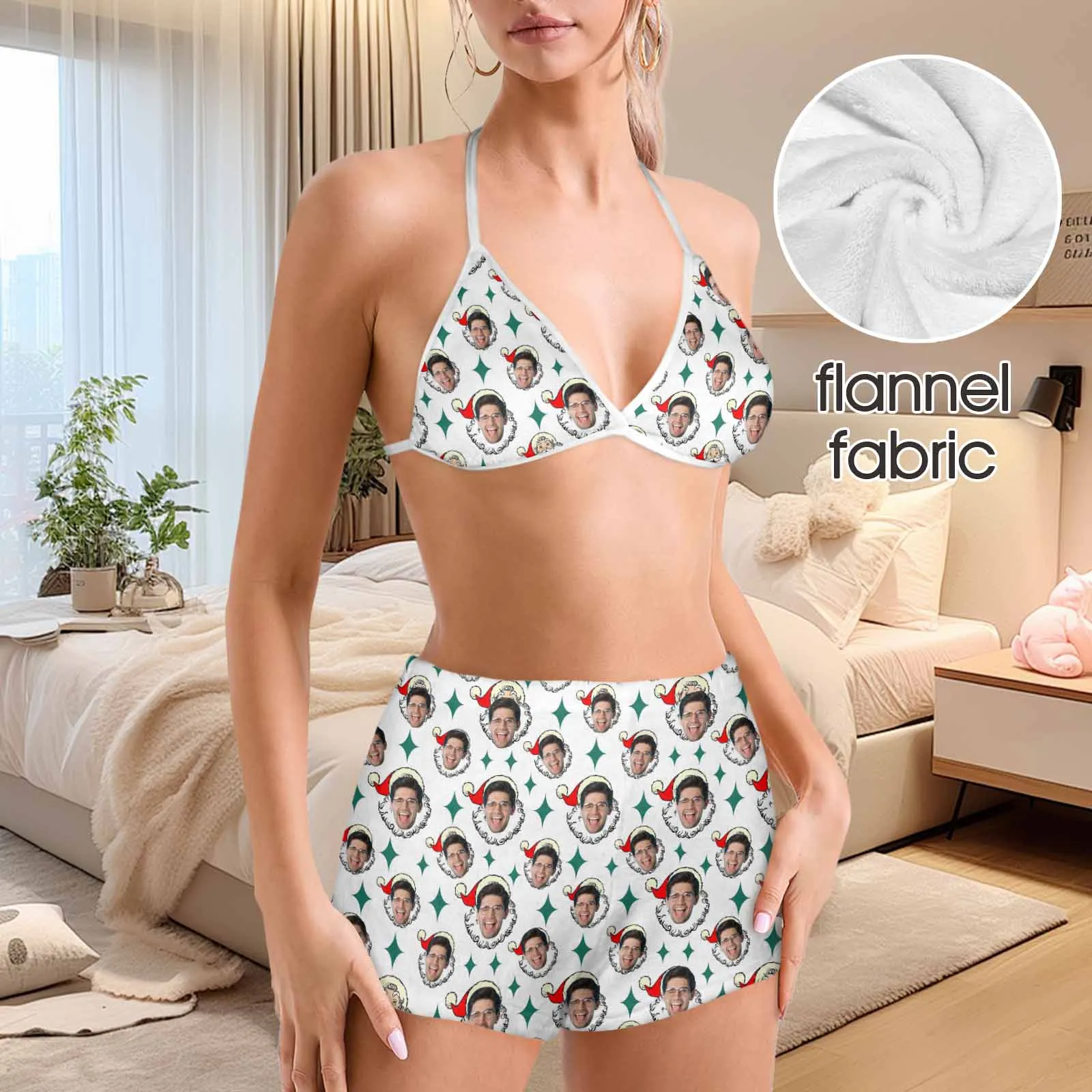 Custom Face Christmas Hat Flannel Pajama Set Women's Short Sleepwear Halter Triangle Bra & Shorts