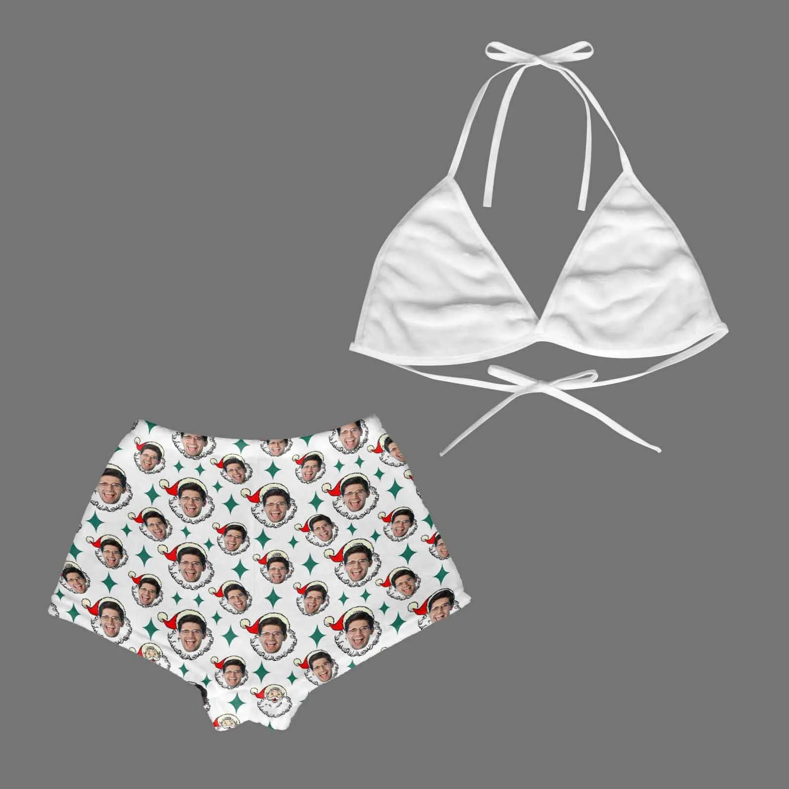 Custom Face Christmas Hat Flannel Pajama Set Women's Short Sleepwear Halter Triangle Bra & Shorts