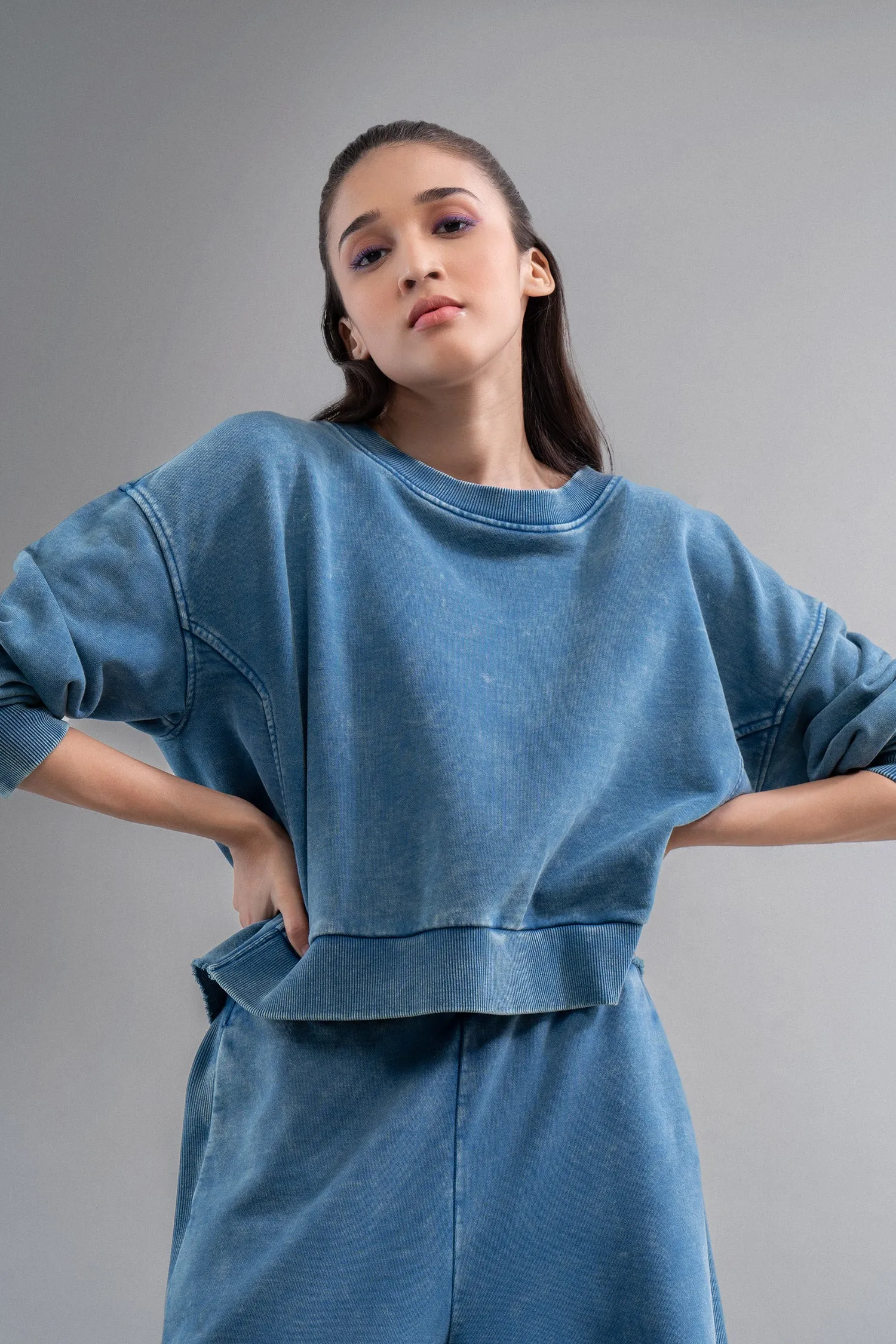 Denim-Wash 100% Cotton Terry Ruched Set