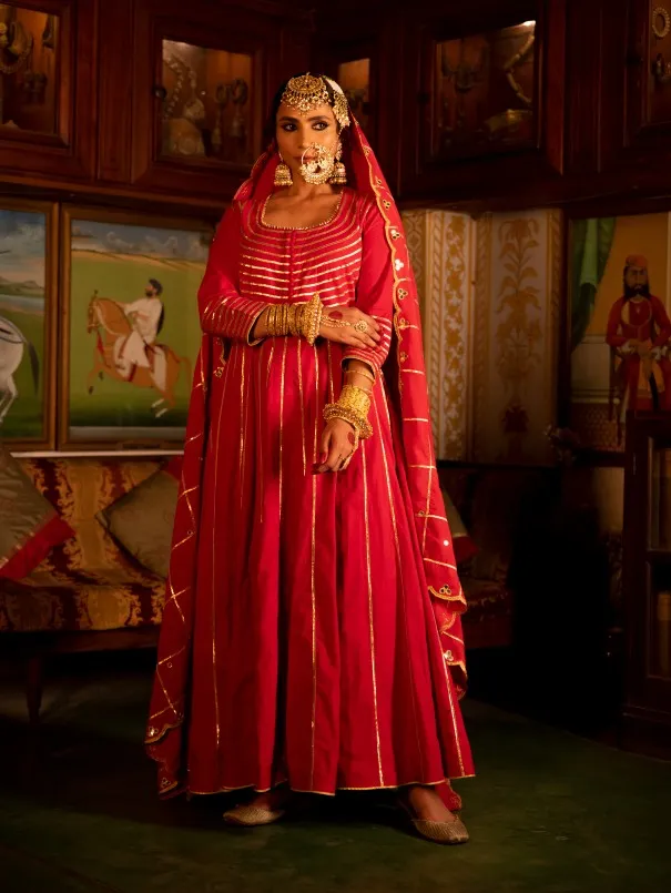 Falak - Gulaab Red Cotton Kalidaar Anarkali Set (set of 3)