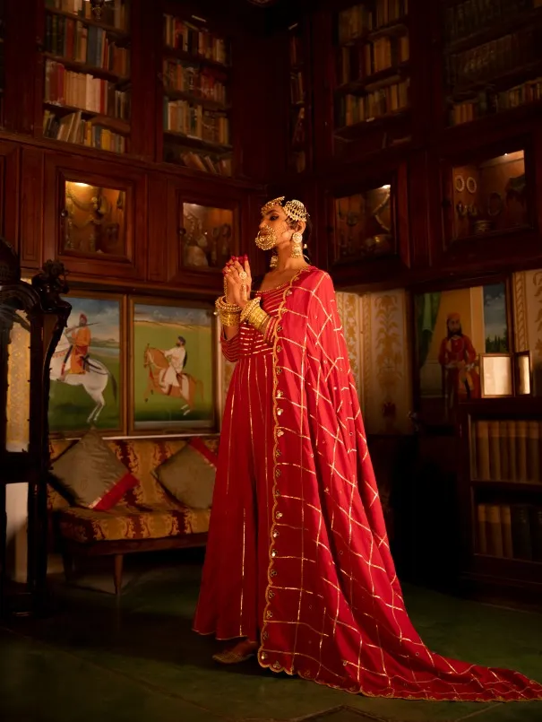 Falak - Gulaab Red Cotton Kalidaar Anarkali Set (set of 3)