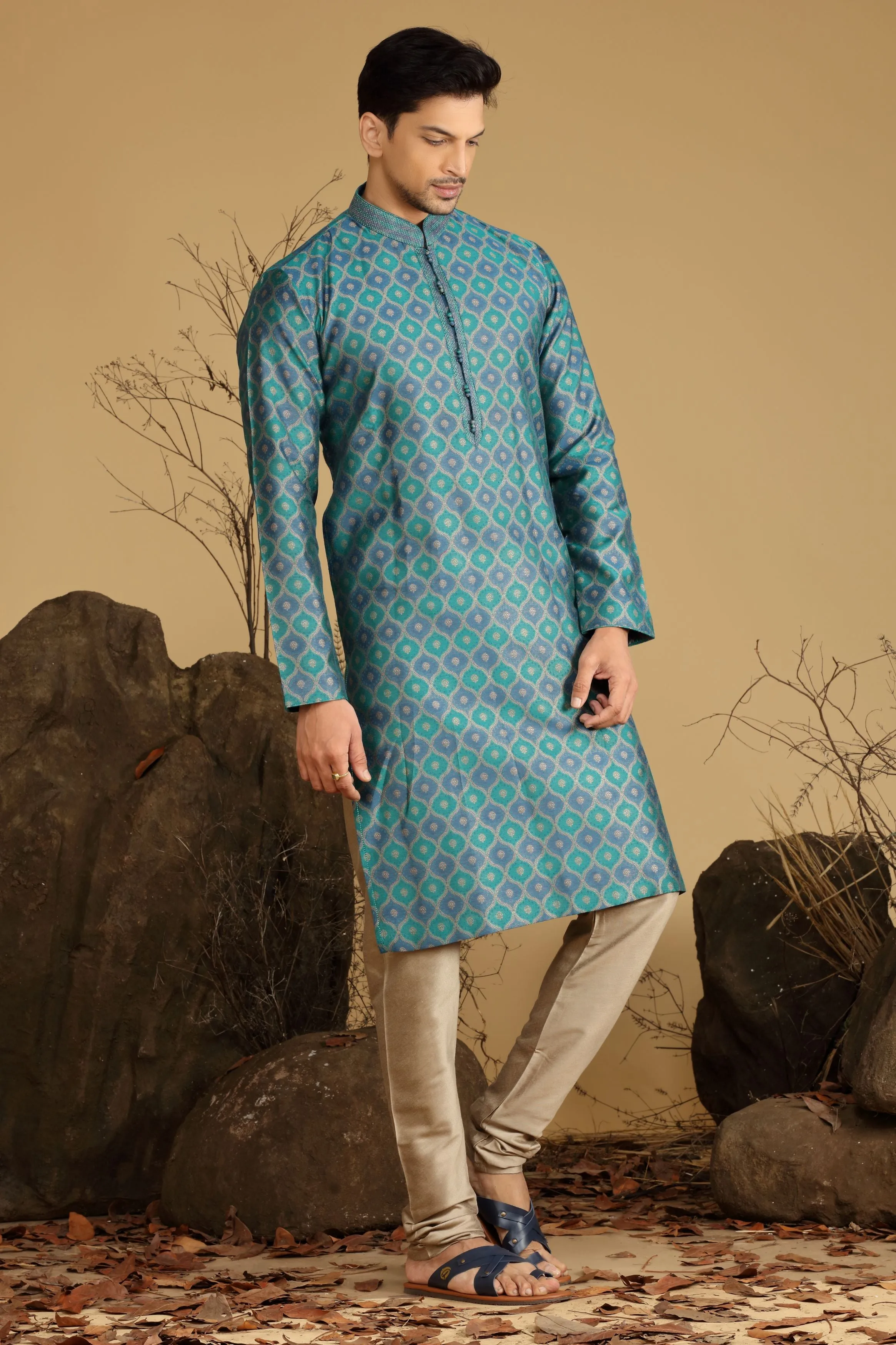 Green Printed Silk Kurta Set  Designed by Kora (Nilesh Mitesh)