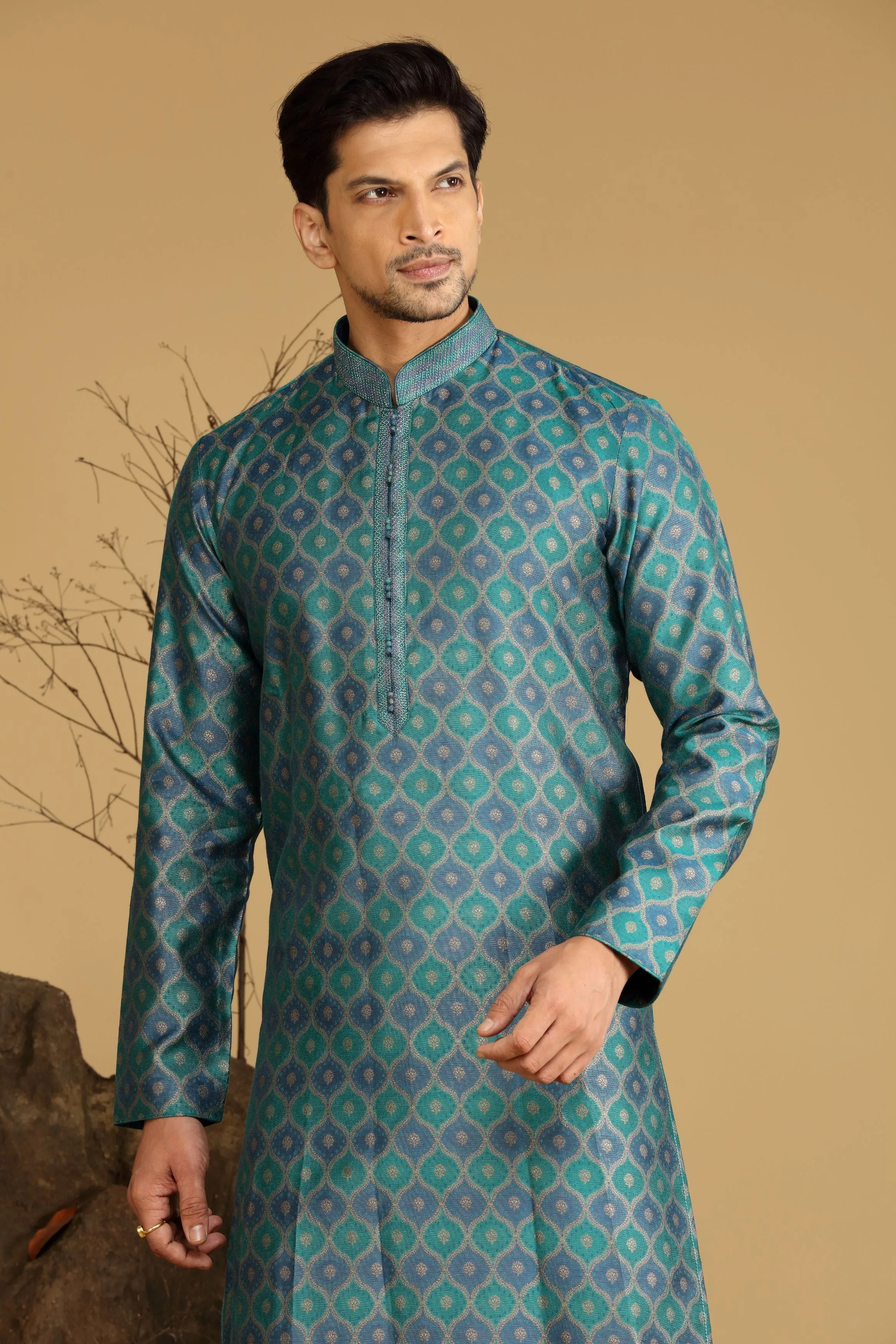Green Printed Silk Kurta Set  Designed by Kora (Nilesh Mitesh)