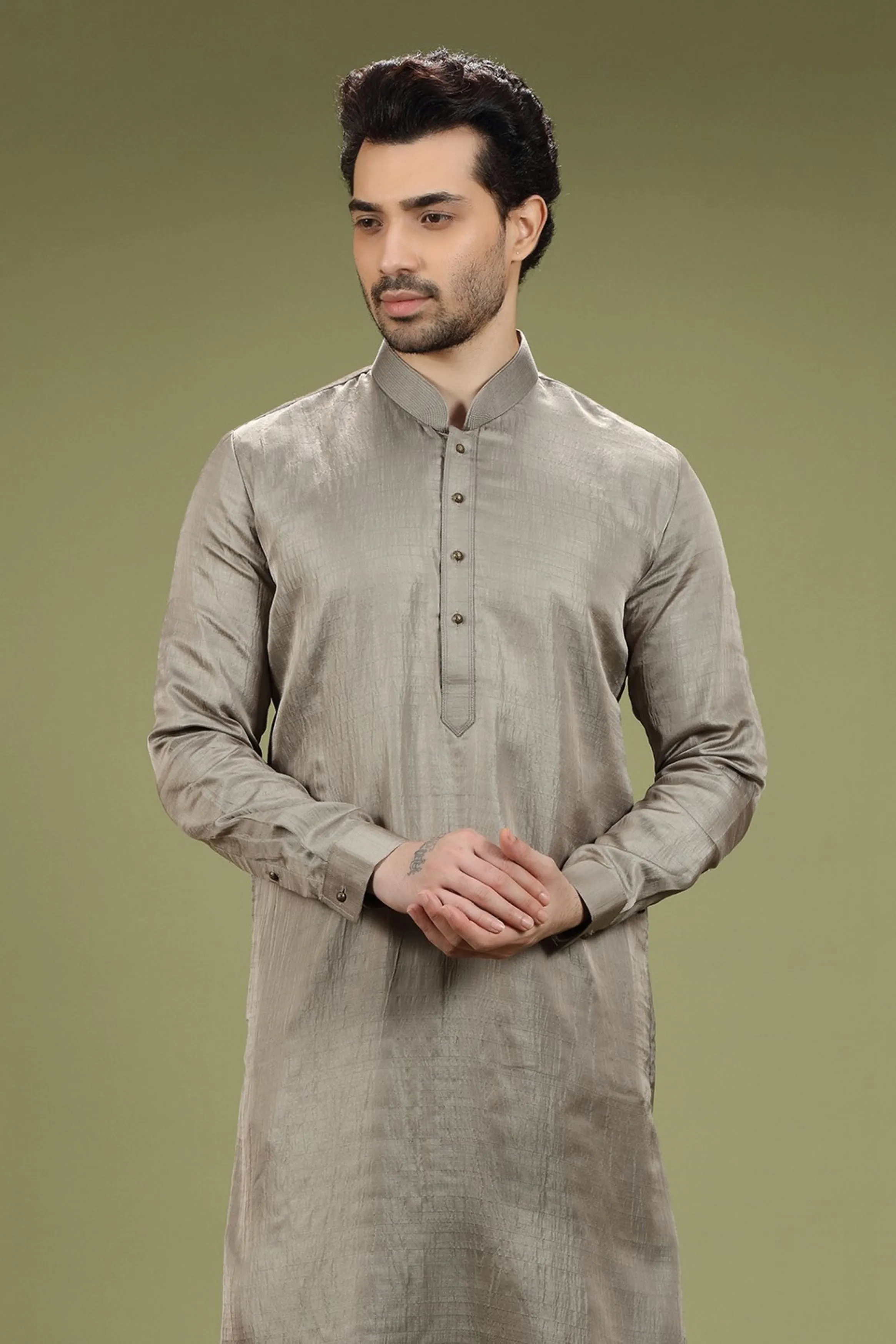 Grey Solid Linen Kurta Silk Designed by Kora (Nilesh Mitesh)