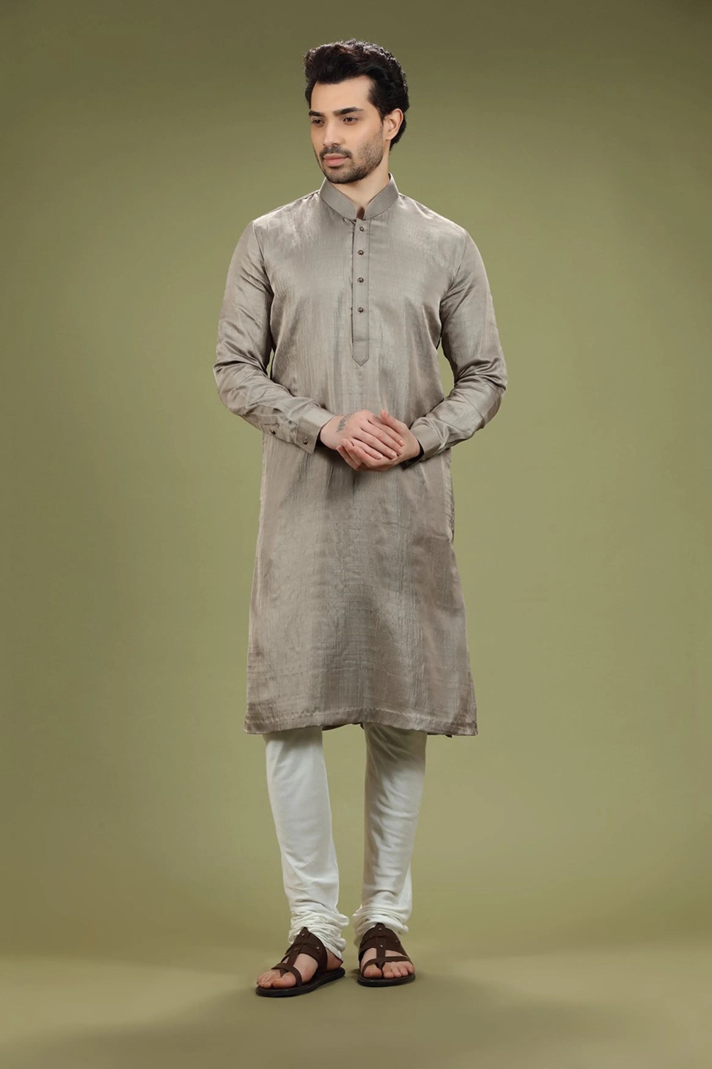 Grey Solid Linen Kurta Silk Designed by Kora (Nilesh Mitesh)